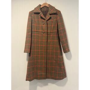 Vintage Houndstooth Plaid Wool Trench Coat Brown Red Small JL